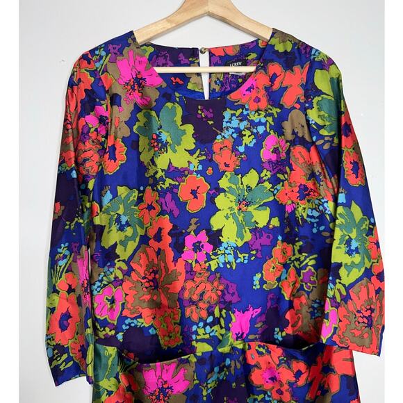 J.Crew Silk Jules Dress Blue Ashbury Floral Shift Long Sleeve Pockets 00 - Picture 3 of 8